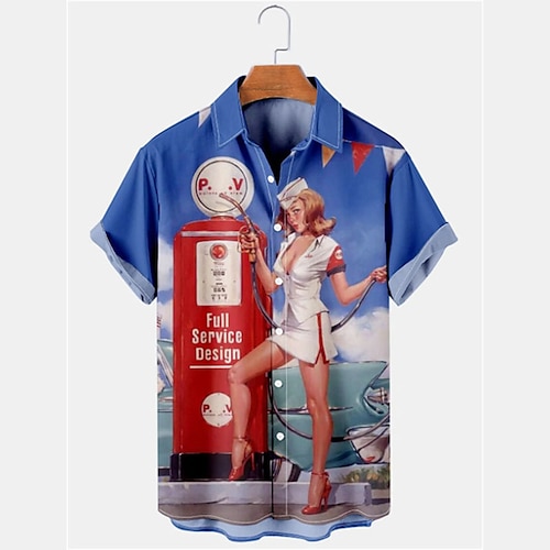 

Herre Skjorte Vintage Hawaii-skjorter Grafiske trykk Pin Up Girl Aftæpning Blå utendørs Gate Kort Erme Trykt mønster Klær Mote Gatemote Designer Fritid