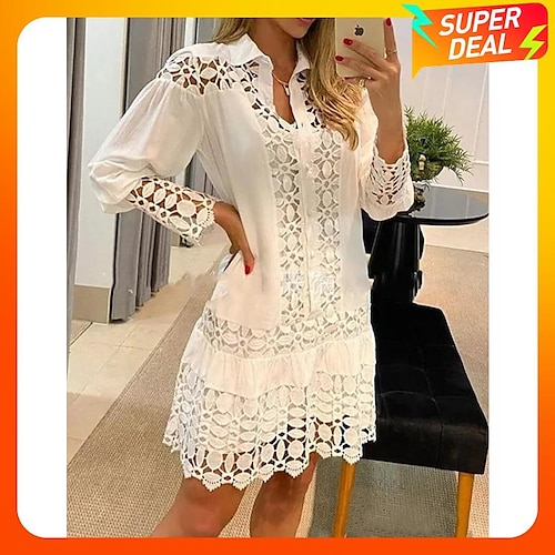 

Women's Shirt Dress Casual Dress Midi Dress White Blue Green Long Sleeve Pure Color Ruched Spring Summer Shirt Collar Basic Daily Date Vacation Loose Fit 2023 S M L XL XXL 3XL