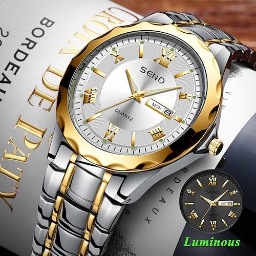 

SENO Men's Quartz Watch Fashion Minimalist Casual Diamond Analog Wristwatch Luminous Calendar Date Week Waterproof Stainless Steel Strap Men Women Watch