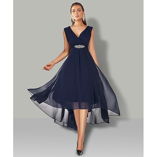 

A-Line Wedding Guest Dresses High Low Dress Cocktail Party Tea Length Sleeveless V Neck Chiffon with Ruched Beading 2023