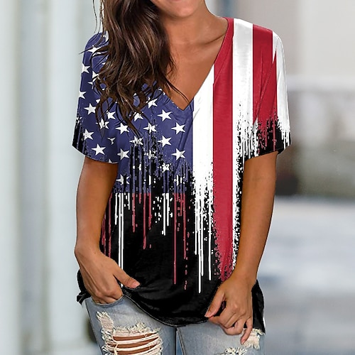 

Damen T Shirt Schwarz Amerikanische Flagge Bedruckt Kurzarm Wochenende Tag der Unabhängigkeit Basic V Ausschnitt Standard Farbe S