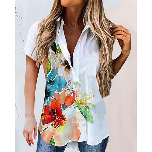 

Mulheres Camisa Social Blusa Vermelho Azul Real Azul Floral Botão Imprimir Manga Curta Casual Feriado Básico Colarinho de Camisa Padrão Tema Flores S