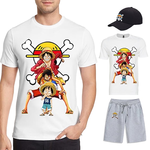 

One Piece Monkey D. Luffy T-skjorte Shorts Baseballcapen Trykt mønster Graphic Shorts T-Trøye Hatt Til Herre Voksne Varmstempling 100% Polyester Fritid / hverdag