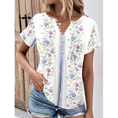 

Mulheres Camiseta Branco Floral Botão Imprimir Manga Curta Feriado Final de semana Tunicas Básico Decote V Padrão Tema Flores Pintura S