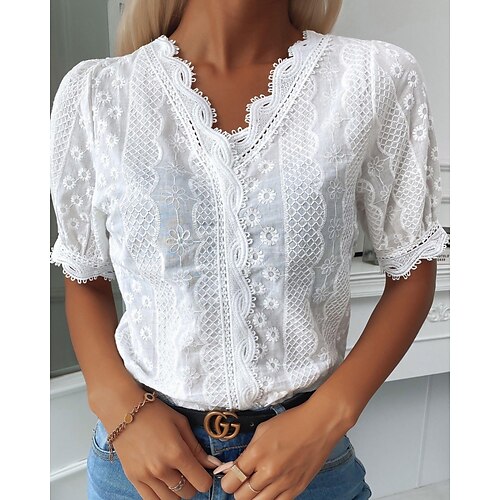 

Dames Blouse Wit Effen Korte mouw Casual Basic V-hals