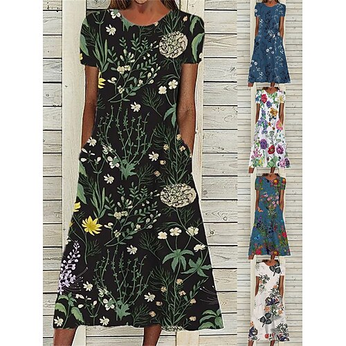 

Dame Afslappet påklædning Sommerkjole Print kjole Blomstret Lomme Trykt mønster Rund hals Midikjole Aktiv Mode udendørs Gade Kortærmet Regulær Sort Hvid Mørkeblå Sommer Forår S M L XL XXL
