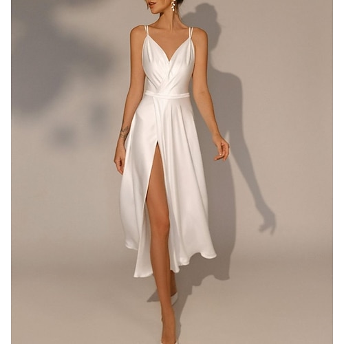 

Bridal Shower Åpen rygg Små Hvite Kjoler Bryllupskjoler Te-lengde A-linje Ermeløs Spagettistropper Chiffon Med Delt front Ensfarget 2023 Brudekjoler