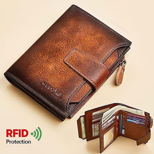 

1pc Men's Genuine Leather Wallet Vintage Short Multi Function ID Card Holder RFID Blocking Zipper Coin Pocket Billfold Give Gifts To Men On Valentine's Day
