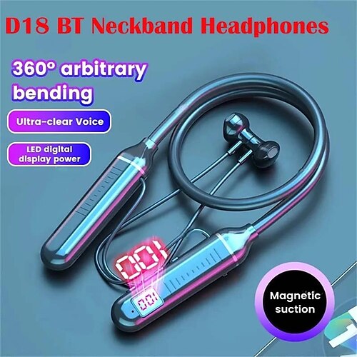 

Auriculares inalámbricos con banda para el cuello d18, auriculares bluetooth para juegos, pantalla LED, auriculares de alta fidelidad, auriculares deportivos tws con micrófono compatible con tarjeta