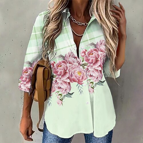 

Damen Hemd Bluse Grün Blumen Taste Bedruckt Langarm Casual Festtage Basic Hemdkragen Standard Blume S