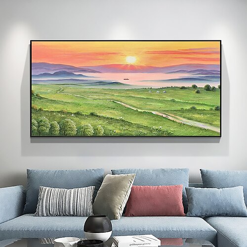 

Handgefertigtes Ölgemälde auf Leinwand, Wanddekoration, original grünes Feld bei Sonnenuntergang, abstrakte Landschaftsmalerei für Wohnkultur mit gespanntem Rahmen/ohne Innenrahmenmalerei