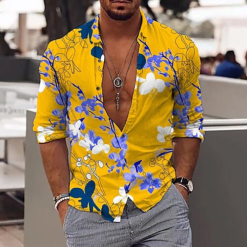 

Men's Shirt Floral Graphic Prints Turndown Yellow Blue Outdoor Street Long Sleeve Print Clothing Apparel Fashion Streetwear Designer Casual