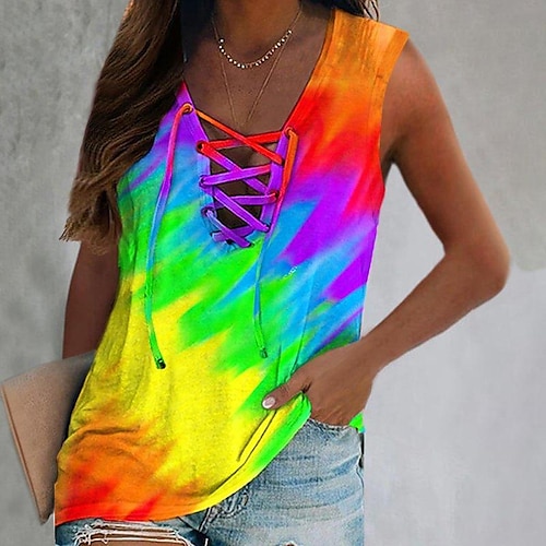 

Débardeur Femme Rouge Bleu Orange Papillon Tie Dye Lacet Imprimer Sans Manches Casual Vacances basique Col V Normal Standard Papillon S