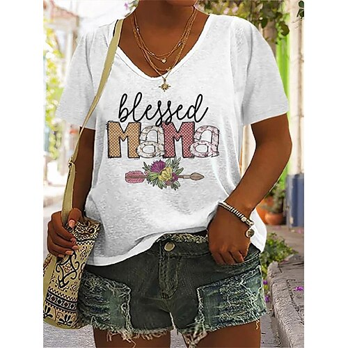 

T shirt Tee Femme Blanche Floral Lettre Imprimer Manche Courte du quotidien Fin de semaine basique Col V Normal Standard Peinture S