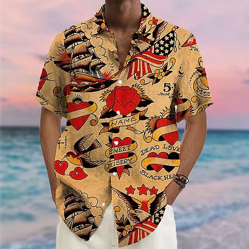 

Hombre Camisa camisa hawaiana Corazón Letra Estampados Cosecha Cuello Vuelto Caqui Exterior Calle Mangas cortas Estampado Ropa Moda Ropa de calle Design Suave