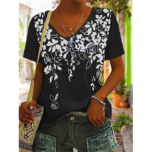 

Women's T shirt Tee Black Floral Print Short Sleeve Holiday Weekend Basic V Neck Regular Floral Painting S