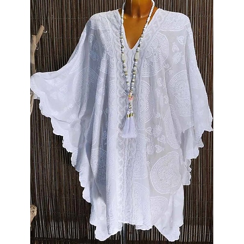 

Per donna Plus Size Abito in cotone e lino Abito casual Vestito bianco Floreale Vestito longuette Manica a 3/4 A V Di tendenza Esterno Bianco Estate Primavera L XL XXL 3XL 4XL