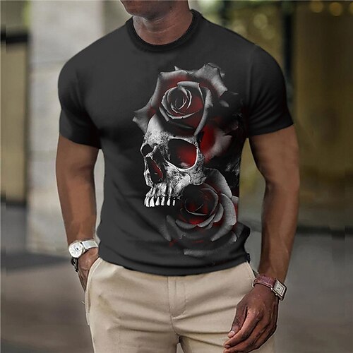 

Herre T-shirt Grafisk Dødningehoveder Rose Rund hals Tøj 3D-udskrivning udendørs Daglig Kortærmet Trykt mønster Mode Designer Årgang