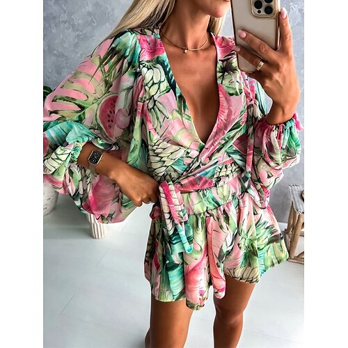 

Mujer Mono Estampado Floral Escote en Pico Ropa de calle Calle Noche Ajuste regular Manga Larga Rosa Rojo Azul Piscina S M L Verano