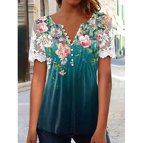 

Per donna Camicia Blusa Blu Verde Floreale Pizzo Pulsante Manica corta Informale Per eventi Essenziale Rotonda Standard Floreale S