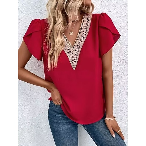 

Women's Shirt Blouse Black White Red Plain Lace Short Sleeve Casual Basic V Neck Regular S