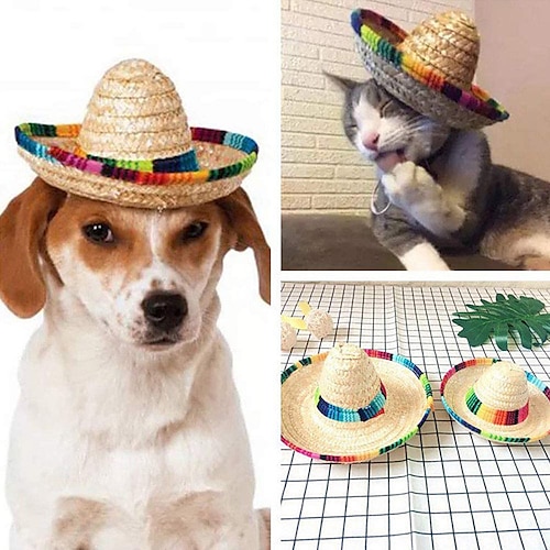 

Sombrero de paja tejido para mascotas, mini sombrero de paja para perros, sombrero de paja mexicano para mascotas, sombrero parasol para mascotas y gatos