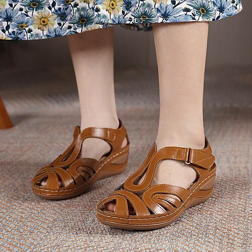 

Women's Sandals Wedge Sandals Comfort Shoes Gladiator Sandals Roman Sandals Outdoor Daily Wedge Heel Round Toe Casual Faux Leather Magic Tape Color Block Black Red Brown