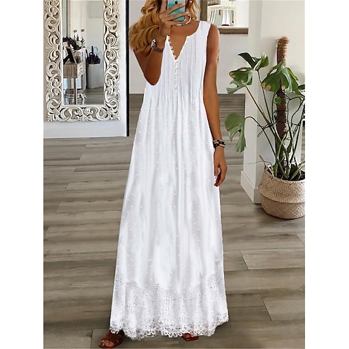 

Dame Lang kjole Maxikjole Uformell kjole Chiffonkjoler Hvit kjole عادي Mote Moderne utendørs Daglig Ferie Blonde Rynket Ermeløs V-hals Kjole Normal Hvit Sommer Vår S M L XL XXL