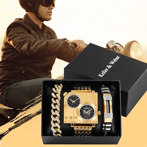 

coole quadratische Uhr mit großem Zifferblatt für Herren, Herrenquarz mit zwei Zeitzonen, Hip-Hop-Armband, feine Geburtstagsgeschenk-Setbox für Ehemann