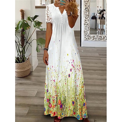 

Dame Lang kjole Maxikjole A Linje Kjole Print kjole Blomstret Mode Romantik Ferie Ferierejse Strand Blonder Krøllede Folder Kortærmet V-hals Kjole Regulær Hvid Sommer Forår S M L XL XXL