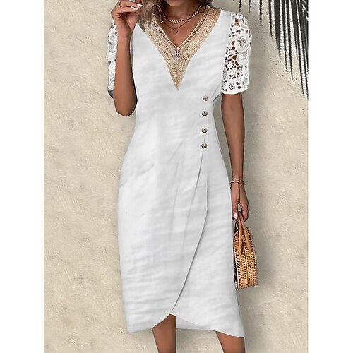 

Women's Casual Dress Cotton Linen Dress Shift Dress Midi Dress Cotton Blend Fashion Modern Outdoor Office Daily V Neck Lace Patchwork Short Sleeve Summer Spring 2023 Regular Fit White Plain S M L XL