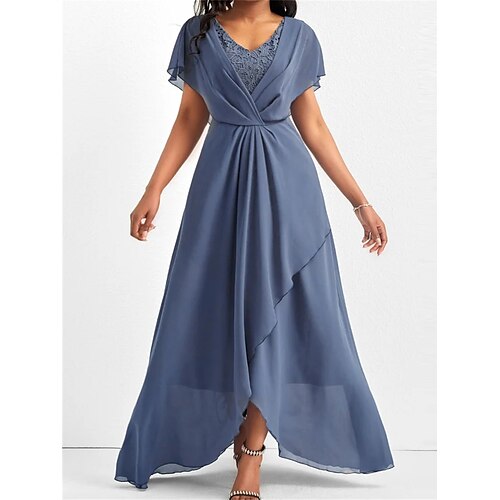 

robe de soirée femme robe en dentelle robe de soirée robe d'invité de mariage robe longue robe maxi bleu manches courtes couleur pure dentelle été printemps col en v mode soirée