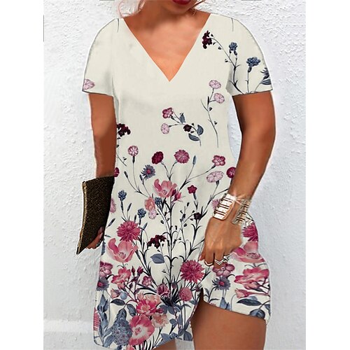 

Dame Plusstørrelser Hverdagskjole Blad Blomstret Mini kjole Kortærmet Trykt mønster V-hals Mode Daglig Hvid Lyserød Sommer Forår L XL XXL 3XL 4XL