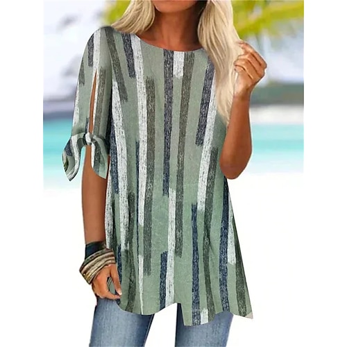 

Damen Hemd Bluse Grün Gestreift Ausgeschnitten Bedruckt Kurzarm Casual Strassenmode Rundhalsausschnitt Lang S