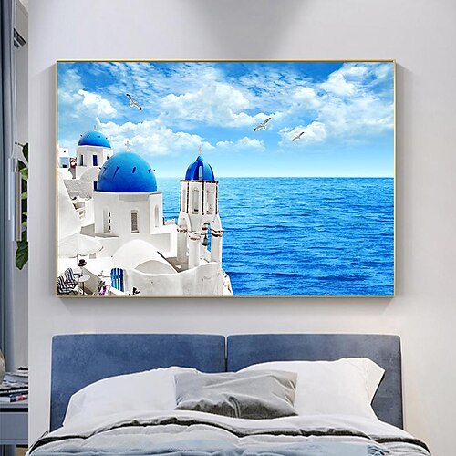 

Arte de pared de paisaje marino paisaje marino azul nórdico santorini lienzo pintura paisaje azul mar cielo carteles e impresiones para la decoración del hogar de la sala de estar