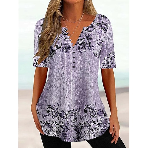 

Mujer Camiseta Negro Blanco Rojo Floral Botón Estampado Manga Corta Casual Festivos Básico Escote Redondo Regular Flor S