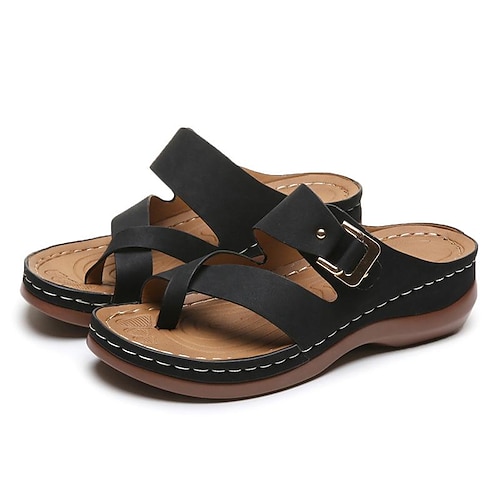 

Women's Sandals Wedge Sandals Outdoor Slippers Daily Beach Buckle Wedge Heel Casual Minimalism Faux Leather Loafer Solid Color Black Brown khaki