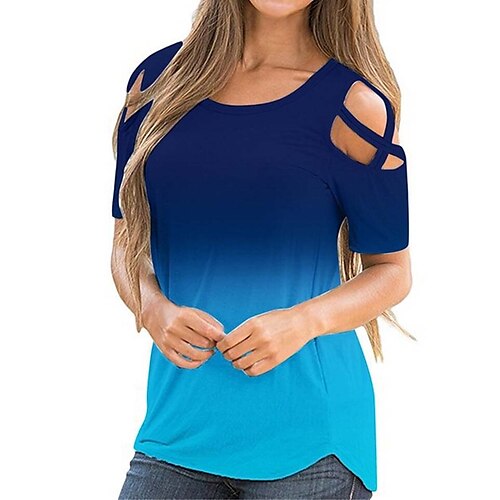 

Women's T shirt Tee Lake blue Black Blue Color Gradient Cut Out Print Short Sleeve Daily Weekend Basic Round Neck Regular Painting S