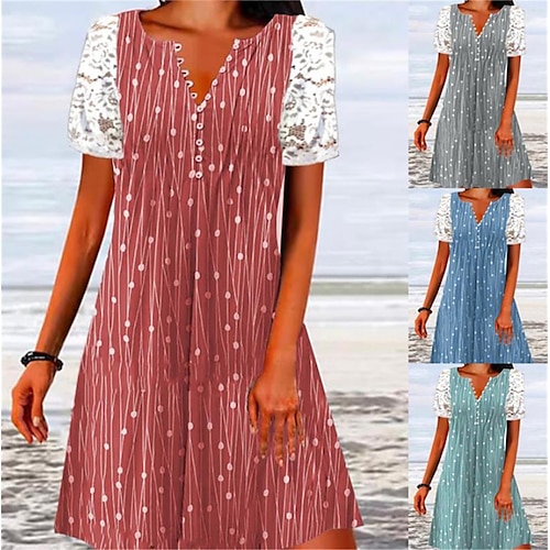 

Dame Uformell kjole Sommerkjole Print kjole Geometrisk Trykt mønster Blonde Lapper V-hals Mini kjole Aktiv Mote utendørs Daglig Kortermet Løstsittende Rød Blå Lyseblå Sommer Vår S M L XL XXL