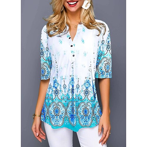 

Chemise Chemisier Femme Blanche Rouge Bleu Graphic Floral Bouton Imprimer Demi Manches Casual Vacances basique Col V Normal Standard Fleur S