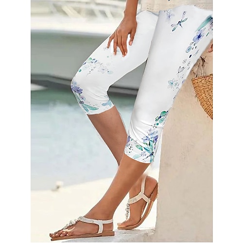 

Women's Capri shorts Normal Polyester Animal Flower / Floral Black-White White Fashion Mid Waist Calf-Length Casual Weekend Autumn / Fall
