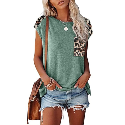 

T shirt Tee Femme gris bleu vert pois Noir Léopard Poche Imprimer Manche Courte du quotidien Fin de semaine basique Col Rond Normal Standard Peinture S