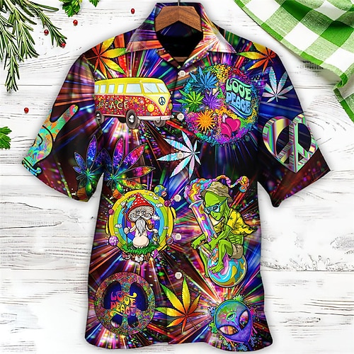 

Men's Shirt Summer Hawaiian Shirt Letter Graphic Prints Hippie Bus Cuban Collar Blue Purple Fuchsia Outdoor Casual Short Sleeve Print Clothing Apparel Sports Fashion Streetwear Designer