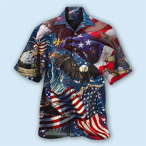 

Homme Chemise Chemise hawaïenne Imprimés Photos Aigle Drapeau américain Collier cubain Bleu Bleu de minuit Extérieur Casual Manche Courte Imprimer Vêtement Tenue Sportif Mode Vêtement de rue Design