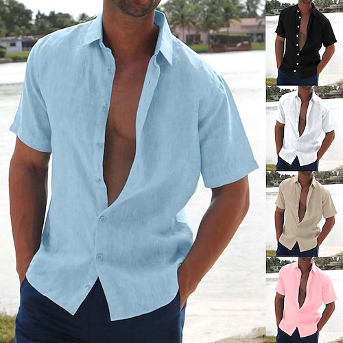 

Hombre camisa de lino Camisa de verano Camisa de playa Negro Blanco Rosa Manga Corta Color sólido Cuello Vuelto Verano Hawaiano Festivos Ropa Abotonar