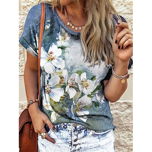 

Women's T shirt Tee Red Blue Floral Print Short Sleeve Holiday Weekend Basic Round Neck Regular Floral Painting S