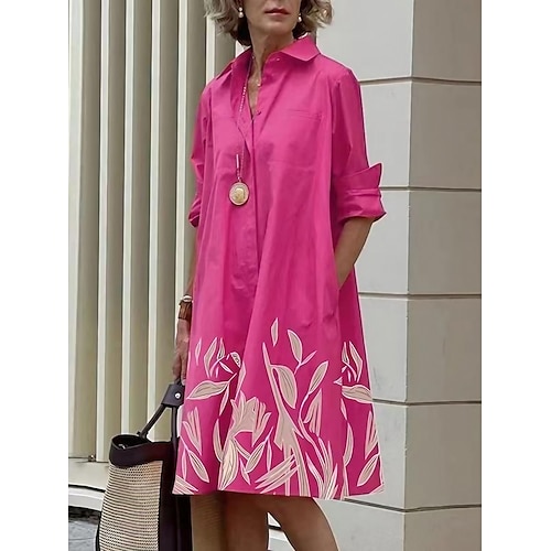 

Women's Shirt Dress Casual Dress Maxi long Dress Office Daily Date Polyester Fashion Modern Shirt Collar Patchwork Print 3/4 Length Sleeve Summer Spring Fall 2023 Regular Fit Pink Orange Leaf Color