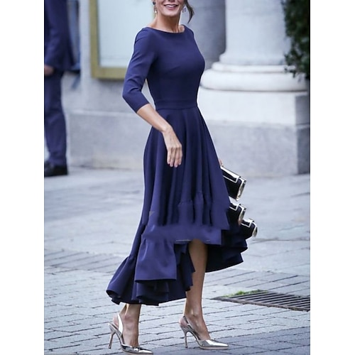 

Linea-A Abito da cerimonia per signora Invitati del matrimonio Semplice Elegante Girocollo Asimmetrico Tessuto elasticizzato Manica a 3/4 con A pieghe Con balze 2023