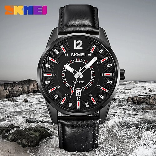 

SKMEI Hombre Relojes de cuarzo Creativo Moda Reloj Casual Negocios Calendario IMPERMEABLE Decoración Cuero Auténtico Reloj
