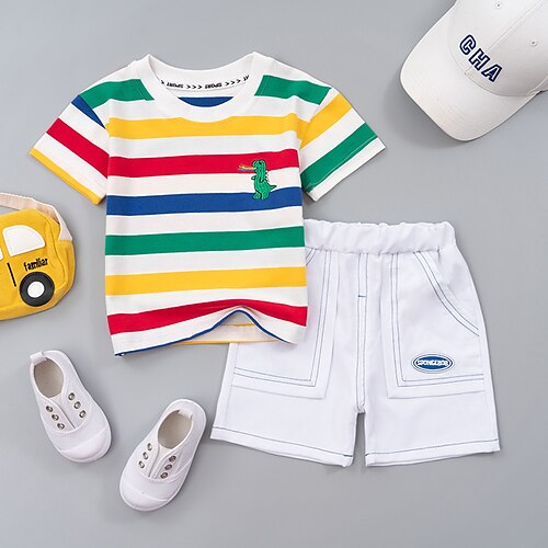 

2 Dele Baby Drenge T-shirt & Shorts Outfit Stribe Kortærmet Sæt udendørs Mode Daglig Sommer Forår 3-7 år Flerfarvet